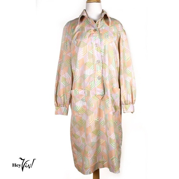 Vintage 70s Pastel Mod Shirtwaist Dress - Route One Tag - Button Up - L -Hey Viv - Picture 1 of 7